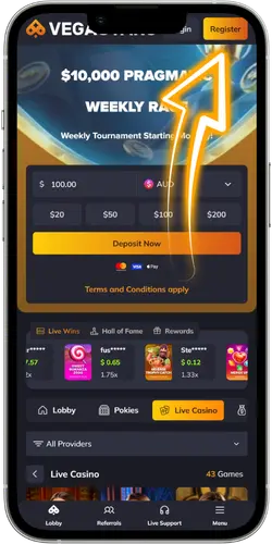 VegaStars Casino Sign Up in the top-right